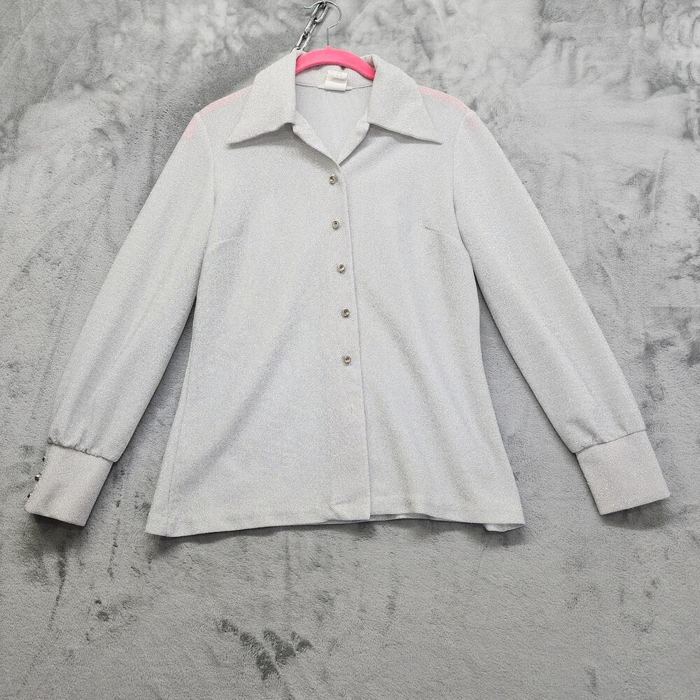 Vintage 70s Donnkenny Metallic Long Sleeve Button Up Top Size 13/14 Silver Disco